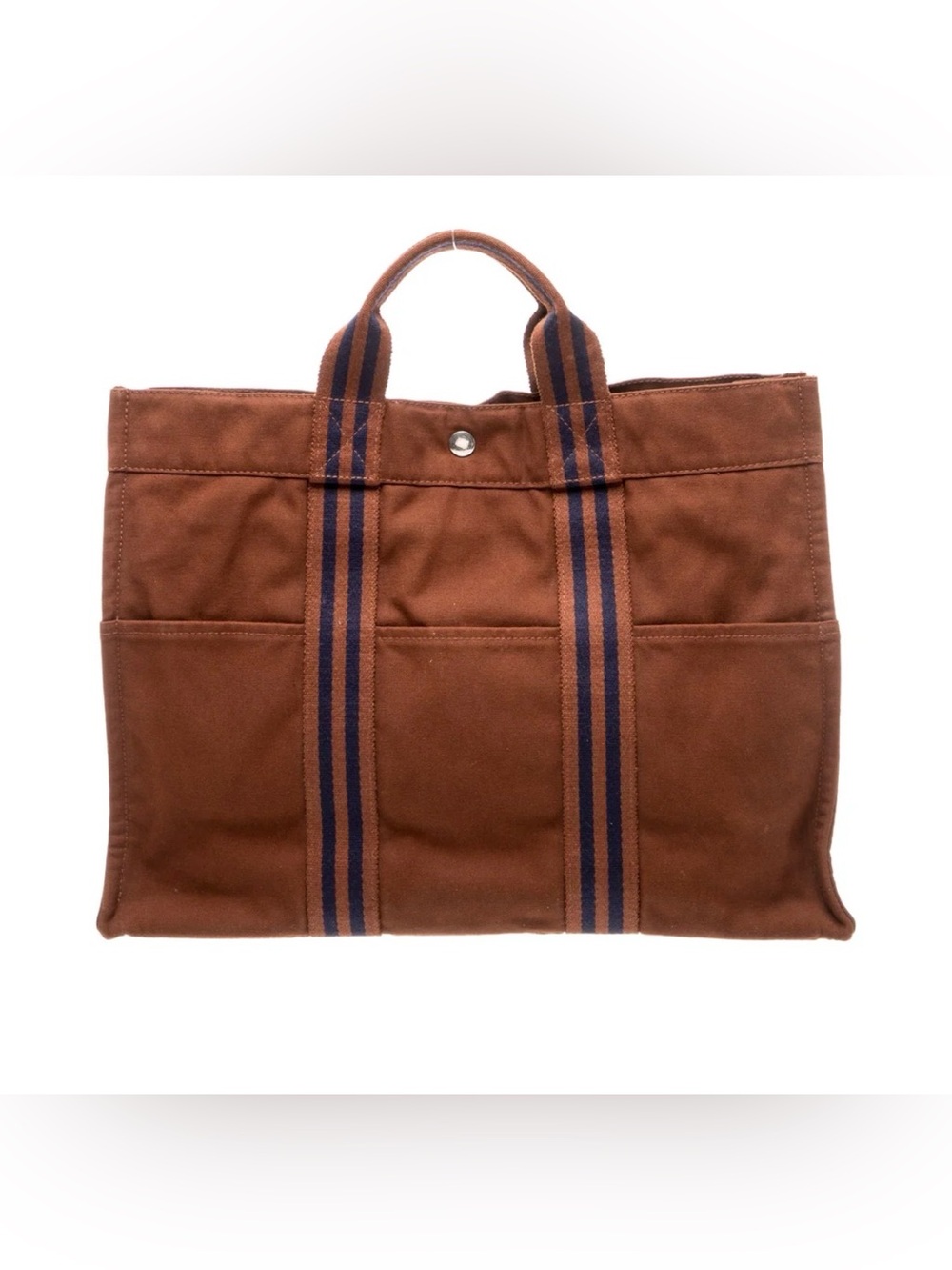 Hermès Fourre Tout MM Canvas Tote Bag Brown Navy Stripe Handbag - Picture 3 of 15